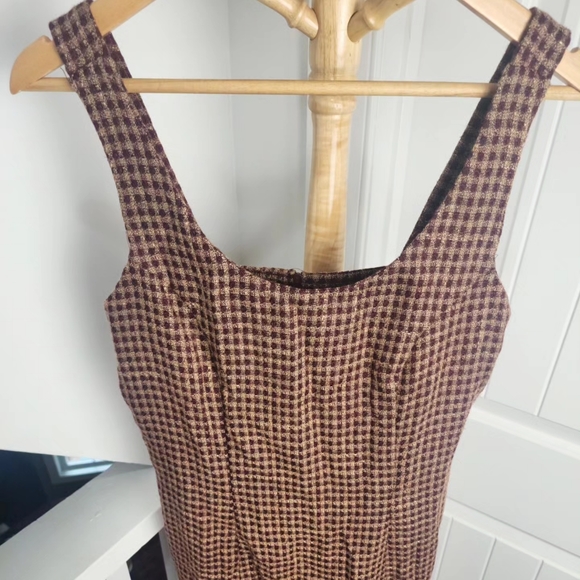 Vintage 90s Y2K Jumper Overall Dress Tweed Plaid Wiggle Mini Midi Brown Size 8* - Picture 10 of 10